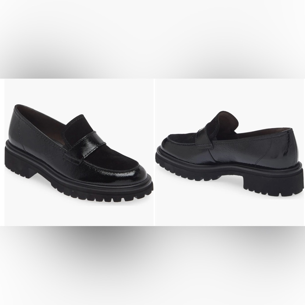New, never worn 8.5 Paul Green Urban lug sole black patent/suede loafers.